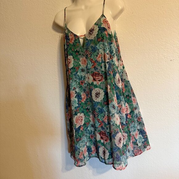 Floral Green A-Line Spaghetti Strap Chiffon Dress With V-Neckline Beach - Picture 2 of 8